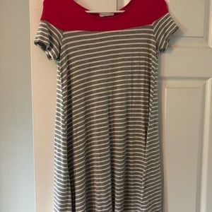 Grey, pink and white striped high low dress